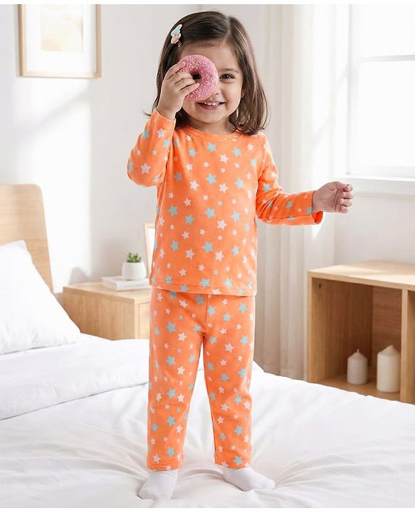 Babyhug Cotton Knit Full Sleeves T-Shirt & Pyjama Co-ord Night Suit With Star Print - Orange