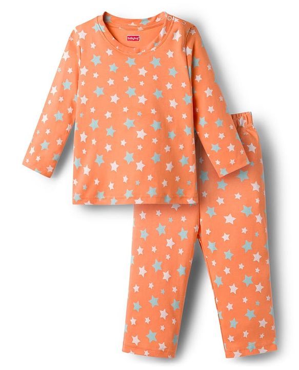 Babyhug Cotton Knit Full Sleeves T-Shirt & Pyjama Co-ord Night Suit With Star Print - Orange
