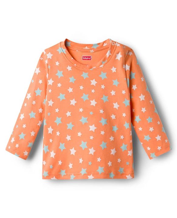 Babyhug Cotton Knit Full Sleeves T-Shirt & Pyjama Co-ord Night Suit With Star Print - Orange