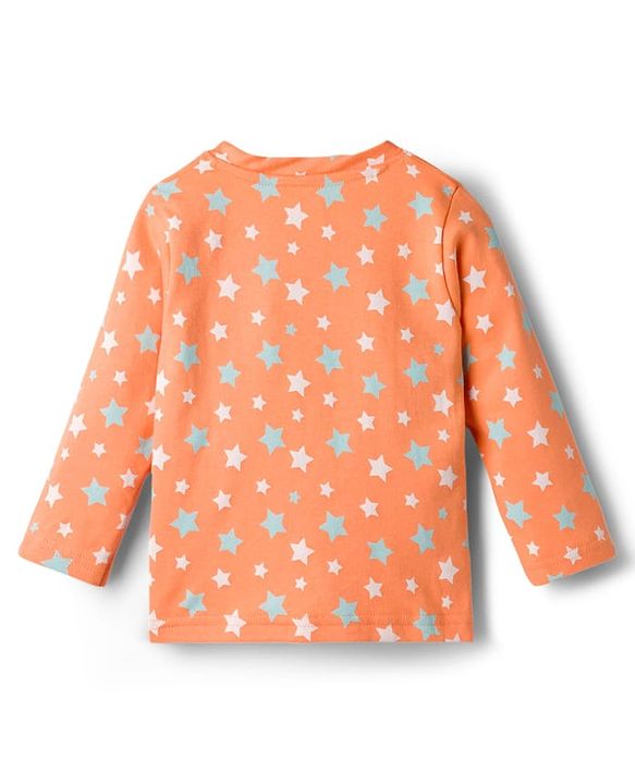 Babyhug Cotton Knit Full Sleeves T-Shirt & Pyjama Co-ord Night Suit With Star Print - Orange