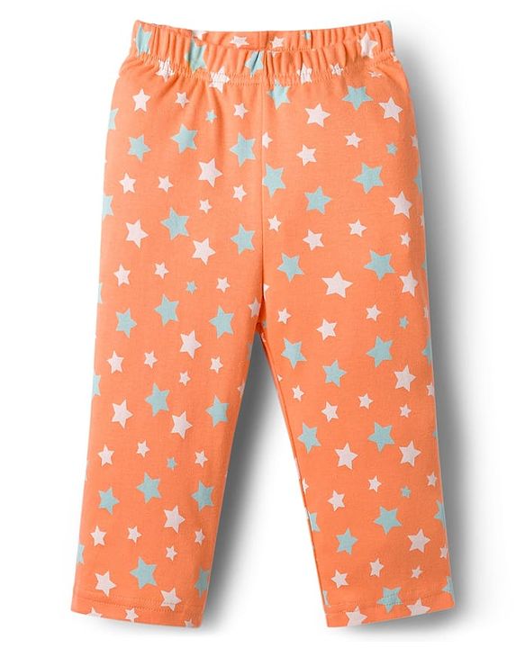 Babyhug Cotton Knit Full Sleeves T-Shirt & Pyjama Co-ord Night Suit With Star Print - Orange