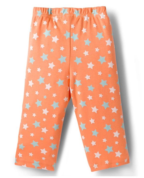 Babyhug Cotton Knit Full Sleeves T-Shirt & Pyjama Co-ord Night Suit With Star Print - Orange