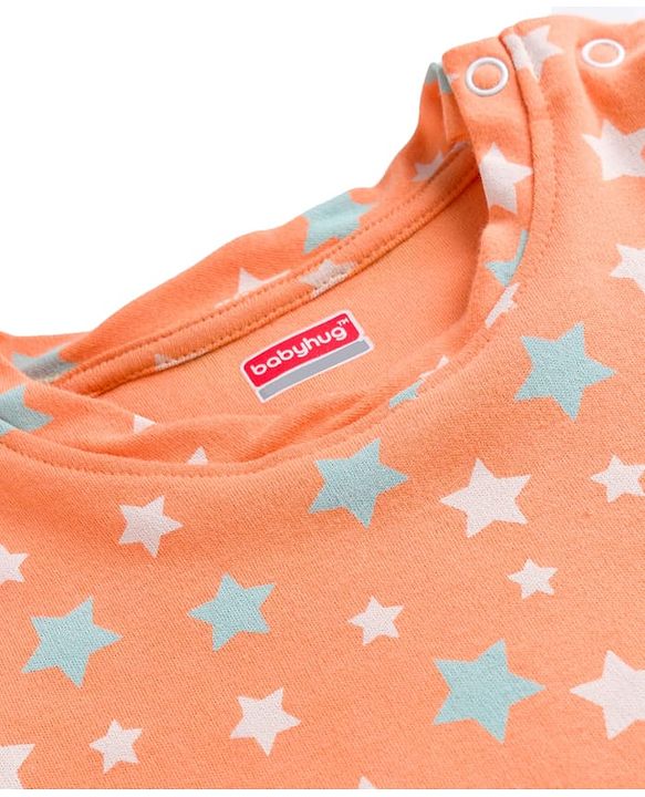 Babyhug Cotton Knit Full Sleeves T-Shirt & Pyjama Co-ord Night Suit With Star Print - Orange