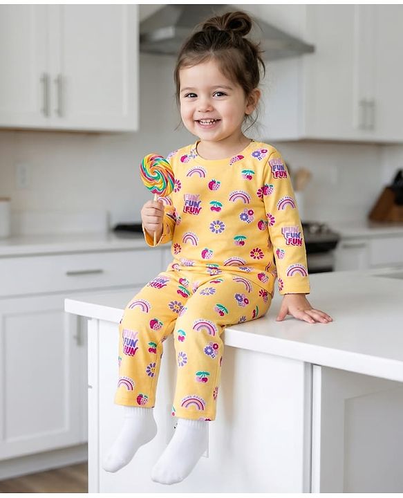 Babyhug Cotton Knit Full Sleeves T-Shirt & Pyjama Co-ord Night Suit With Floral & Rainbow Print - Yellow