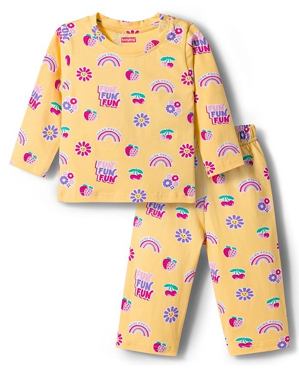 Babyhug Cotton Knit Full Sleeves T-Shirt & Pyjama Co-ord Night Suit With Floral & Rainbow Print - Yellow