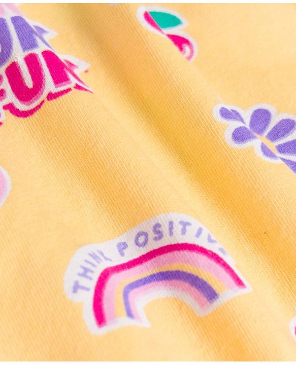 Babyhug Cotton Knit Full Sleeves T-Shirt & Pyjama Co-ord Night Suit With Floral & Rainbow Print - Yellow