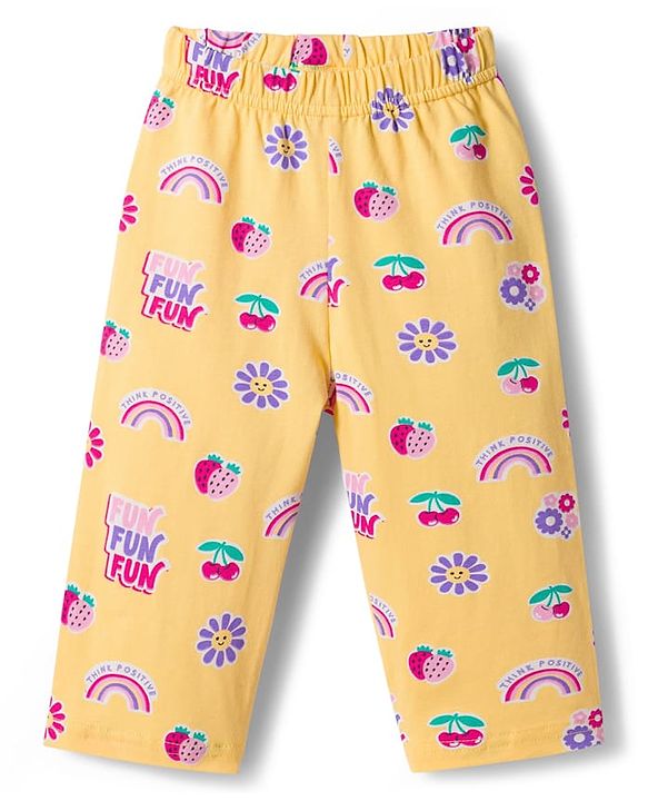 Babyhug Cotton Knit Full Sleeves T-Shirt & Pyjama Co-ord Night Suit With Floral & Rainbow Print - Yellow