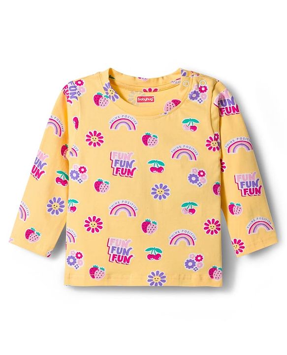 Babyhug Cotton Knit Full Sleeves T-Shirt & Pyjama Co-ord Night Suit With Floral & Rainbow Print - Yellow