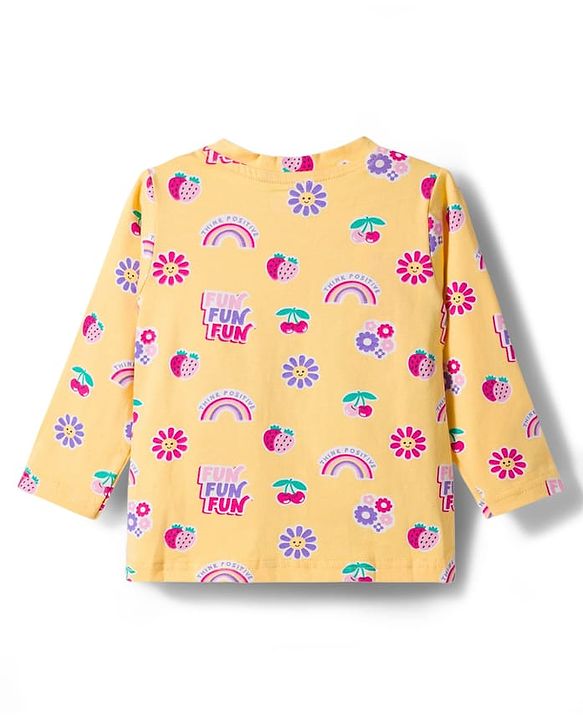 Babyhug Cotton Knit Full Sleeves T-Shirt & Pyjama Co-ord Night Suit With Floral & Rainbow Print - Yellow