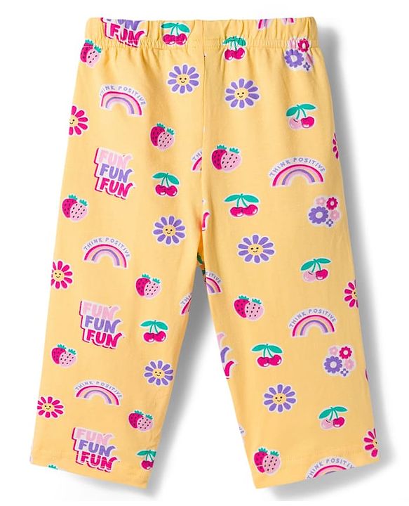 Babyhug Cotton Knit Full Sleeves T-Shirt & Pyjama Co-ord Night Suit With Floral & Rainbow Print - Yellow