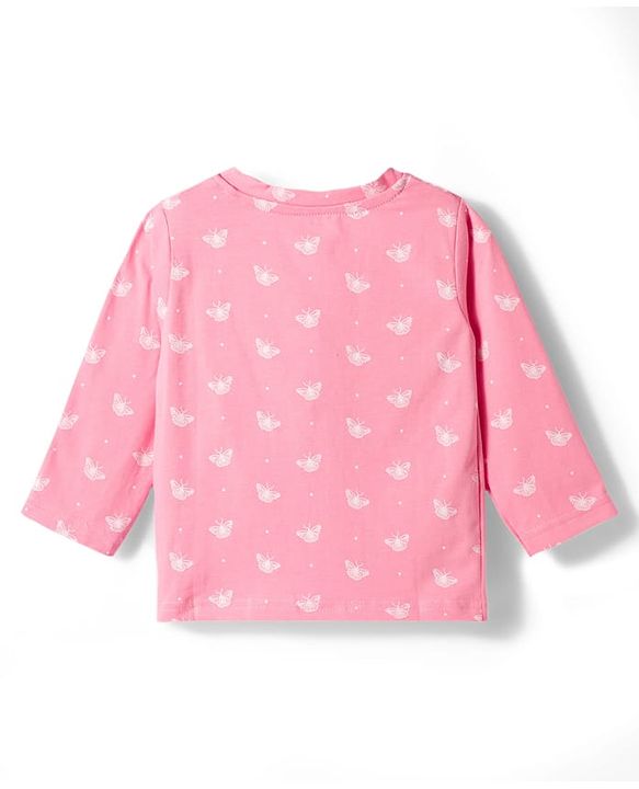 Babyhug Cotton Knit Full Sleeves T-Shirt & Pyjama Co-ord Night Suit With Butterfly Print - Pink
