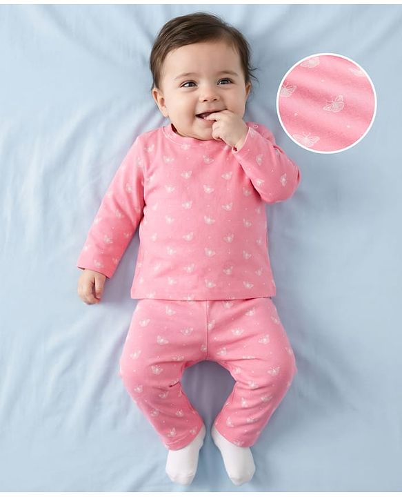 Babyhug Cotton Knit Full Sleeves T-Shirt & Pyjama Co-ord Night Suit With Butterfly Print - Pink