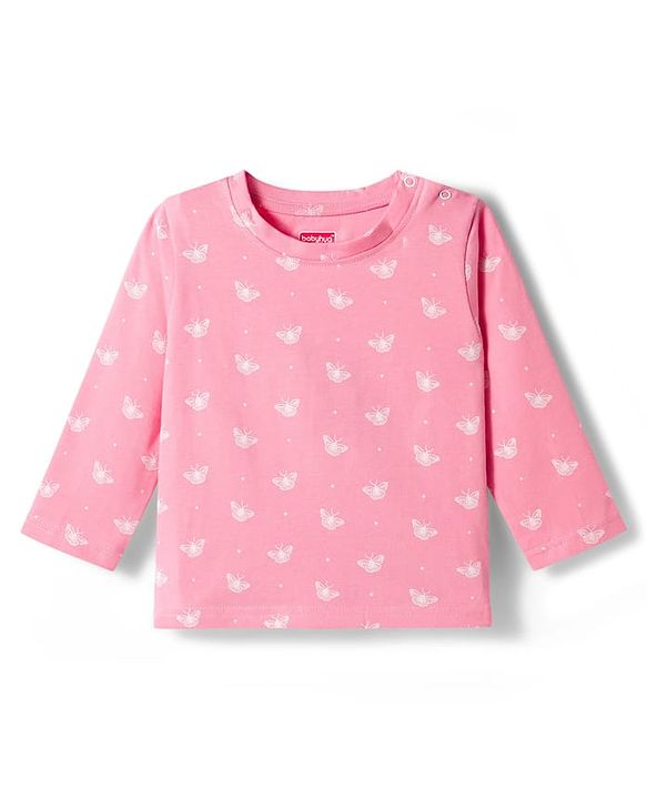 Babyhug Cotton Knit Full Sleeves T-Shirt & Pyjama Co-ord Night Suit With Butterfly Print - Pink