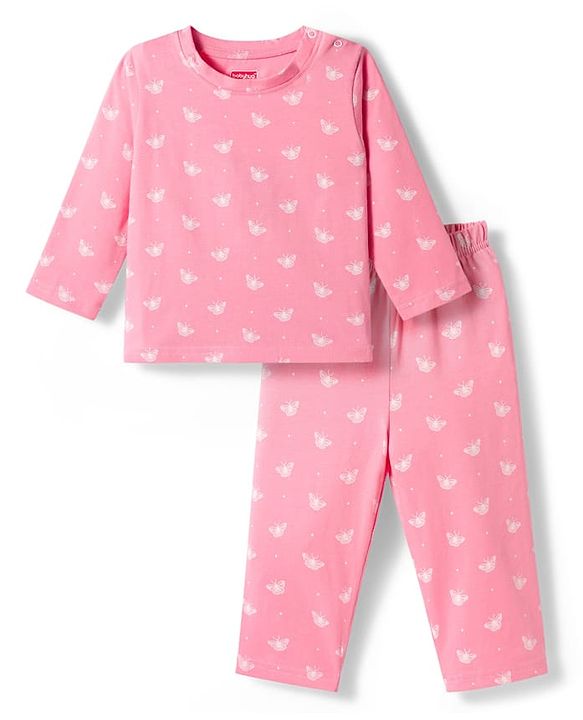 Babyhug Cotton Knit Full Sleeves T-Shirt & Pyjama Co-ord Night Suit With Butterfly Print - Pink