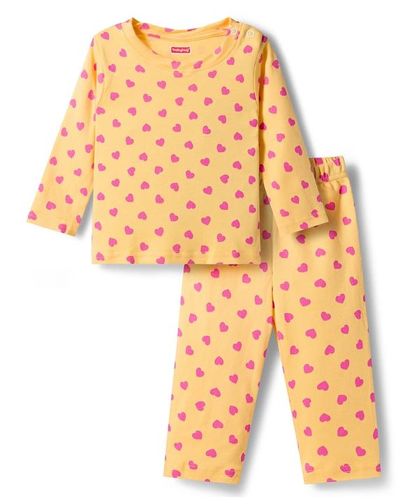 Babyhug Cotton Knit Full Sleeves T-Shirt & Pyjama Co-ord Night Suit With Heart Print - Yellow