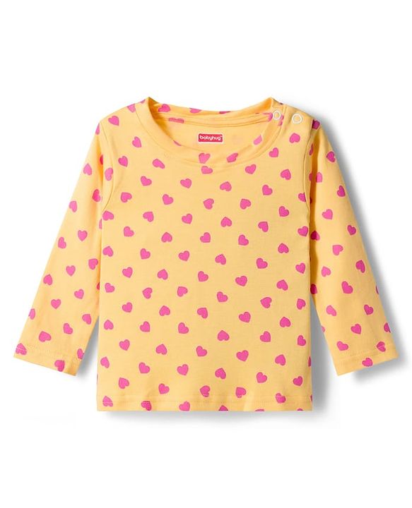 Babyhug Cotton Knit Full Sleeves T-Shirt & Pyjama Co-ord Night Suit With Heart Print - Yellow