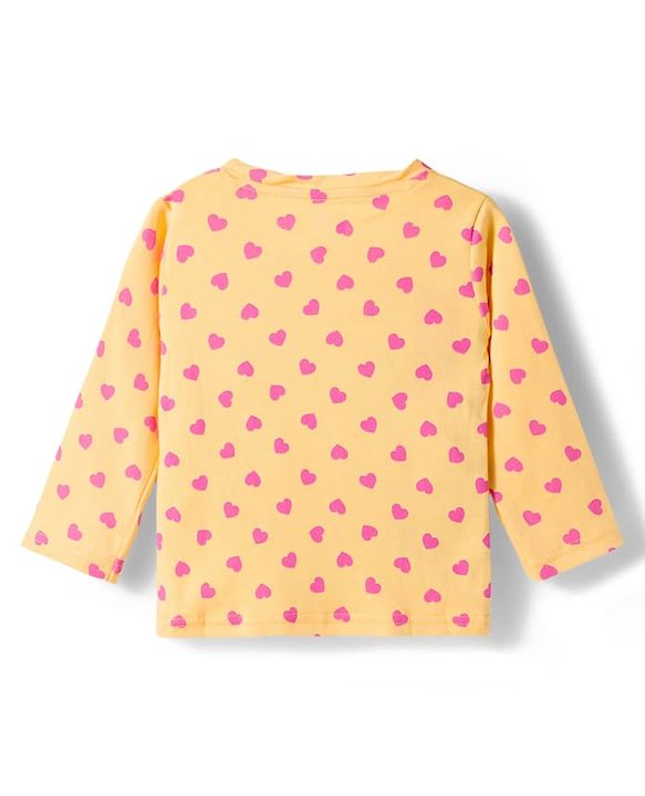 Babyhug Cotton Knit Full Sleeves T-Shirt & Pyjama Co-ord Night Suit With Heart Print - Yellow