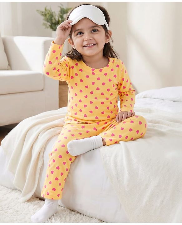 Babyhug Cotton Knit Full Sleeves T-Shirt & Pyjama Co-ord Night Suit With Heart Print - Yellow