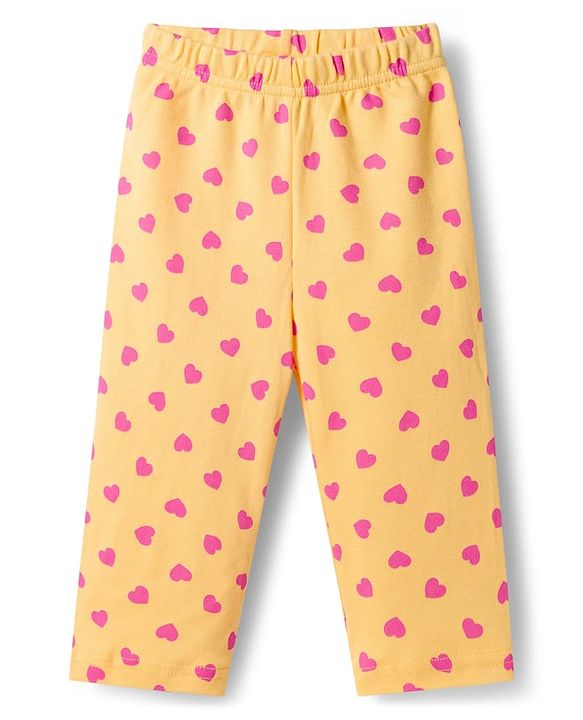 Babyhug Cotton Knit Full Sleeves T-Shirt & Pyjama Co-ord Night Suit With Heart Print - Yellow