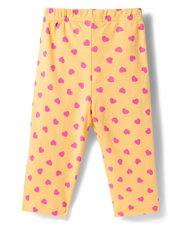 Babyhug Cotton Knit Full Sleeves T-Shirt & Pyjama Co-ord Night Suit With Heart Print - Yellow