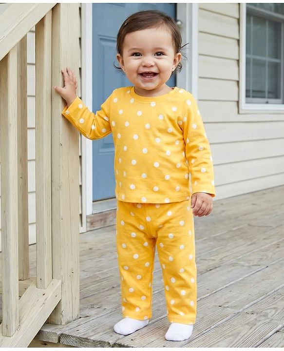 Babyhug Cotton Knit Full Sleeves T-Shirt & Pyjama Co-ord Night Suit With Polka Dot Print - Yellow