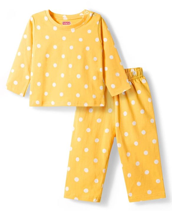 Babyhug Cotton Knit Full Sleeves T-Shirt & Pyjama Co-ord Night Suit With Polka Dot Print - Yellow