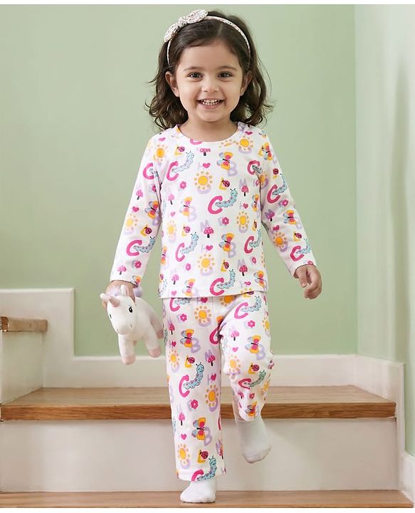 Babyhug Cotton Knit Full Sleeves T-Shirt & Pyjama Co-ord Night Suit With Ladybug & Caterpillar Print - White