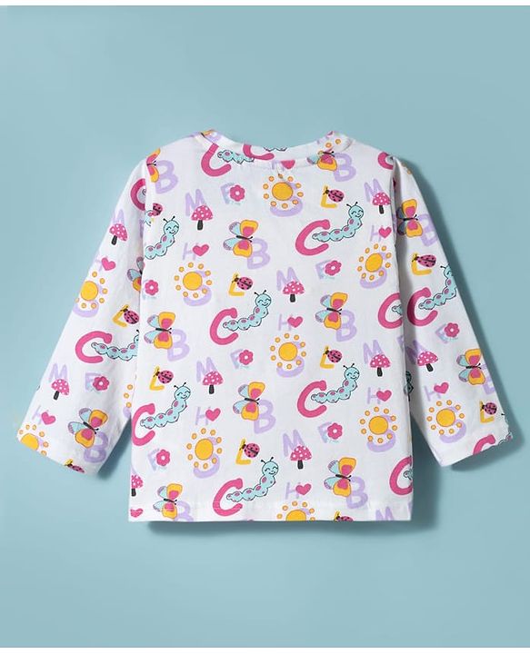 Babyhug Cotton Knit Full Sleeves T-Shirt & Pyjama Co-ord Night Suit With Ladybug & Caterpillar Print - White