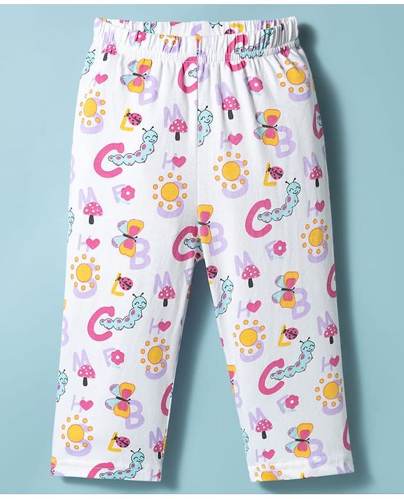 Babyhug Cotton Knit Full Sleeves T-Shirt & Pyjama Co-ord Night Suit With Ladybug & Caterpillar Print - White