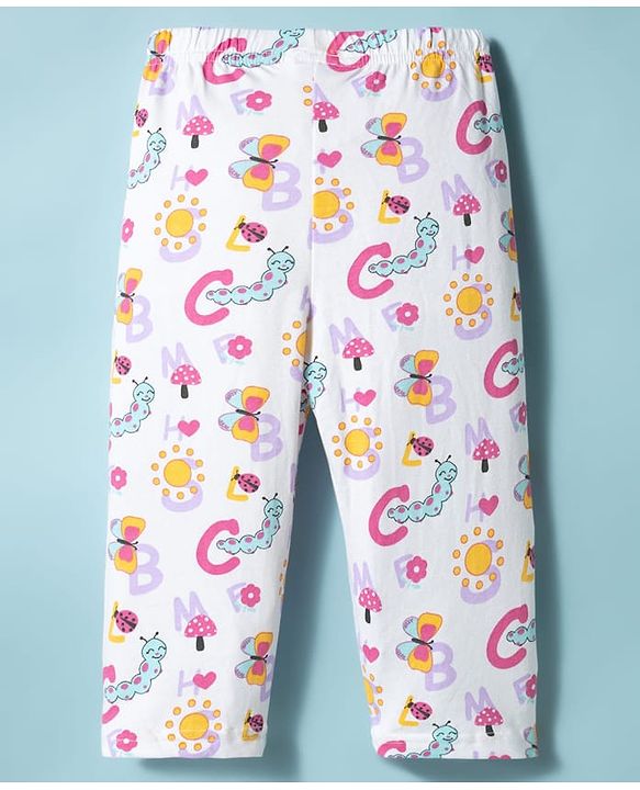 Babyhug Cotton Knit Full Sleeves T-Shirt & Pyjama Co-ord Night Suit With Ladybug & Caterpillar Print - White