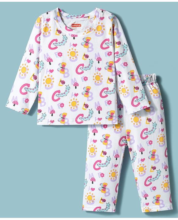 Babyhug Cotton Knit Full Sleeves T-Shirt & Pyjama Co-ord Night Suit With Ladybug & Caterpillar Print - White