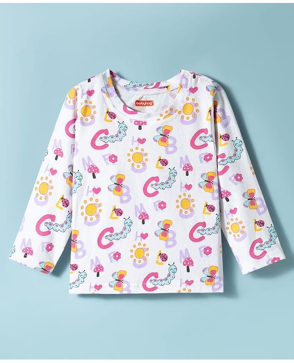Babyhug Cotton Knit Full Sleeves T-Shirt & Pyjama Co-ord Night Suit With Ladybug & Caterpillar Print - White