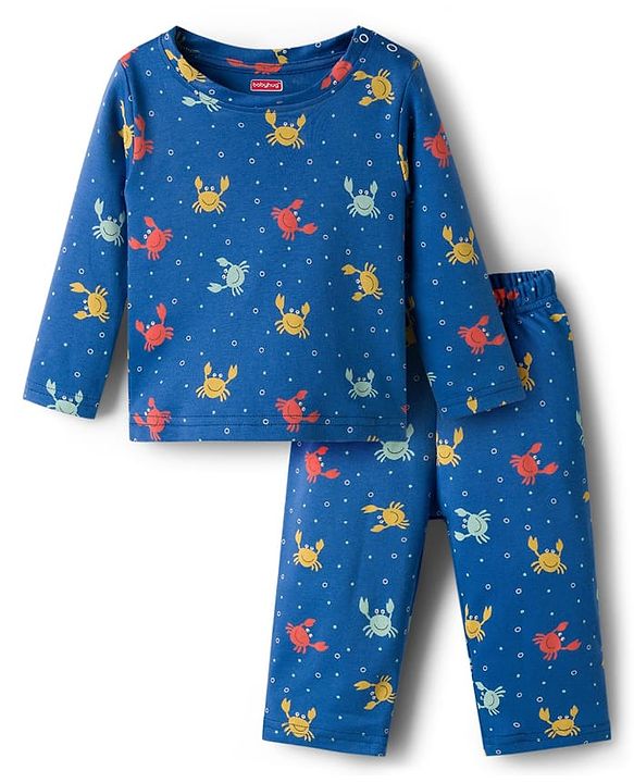 Babyhug Cotton Knit Full Sleeves T-Shirt & Pyjama Co-ord Night Suit With Crab Print - Navy Blue