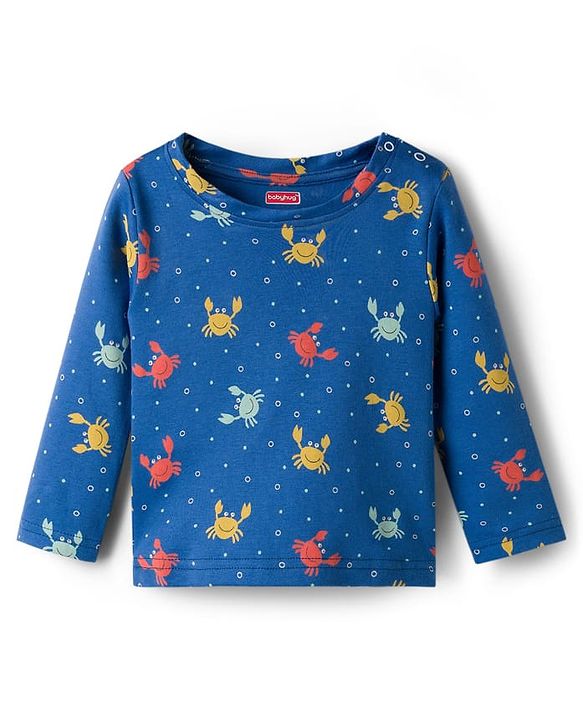 Babyhug Cotton Knit Full Sleeves T-Shirt & Pyjama Co-ord Night Suit With Crab Print - Navy Blue
