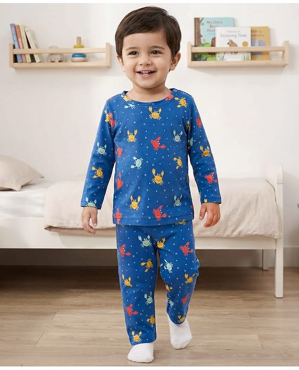 Babyhug Cotton Knit Full Sleeves T-Shirt & Pyjama Co-ord Night Suit With Crab Print - Navy Blue