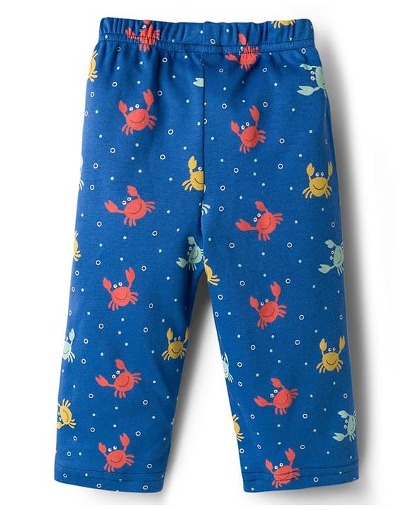 Babyhug Cotton Knit Full Sleeves T-Shirt & Pyjama Co-ord Night Suit With Crab Print - Navy Blue