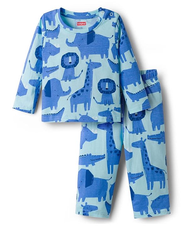 Babyhug Cotton Knit Full Sleeves T-Shirt & Pyjama Co-ord Night Suit With Animal Print - Blue