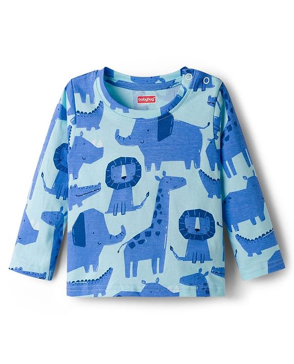 Babyhug Cotton Knit Full Sleeves T-Shirt & Pyjama Co-ord Night Suit With Animal Print - Blue