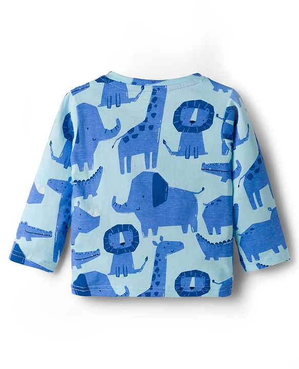 Babyhug Cotton Knit Full Sleeves T-Shirt & Pyjama Co-ord Night Suit With Animal Print - Blue