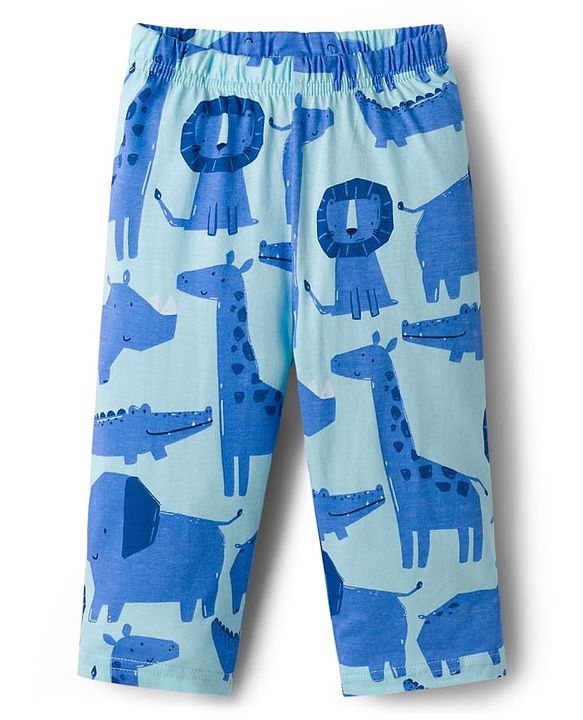 Babyhug Cotton Knit Full Sleeves T-Shirt & Pyjama Co-ord Night Suit With Animal Print - Blue