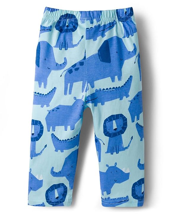 Babyhug Cotton Knit Full Sleeves T-Shirt & Pyjama Co-ord Night Suit With Animal Print - Blue