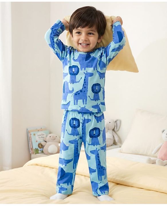 Babyhug Cotton Knit Full Sleeves T-Shirt & Pyjama Co-ord Night Suit With Animal Print - Blue