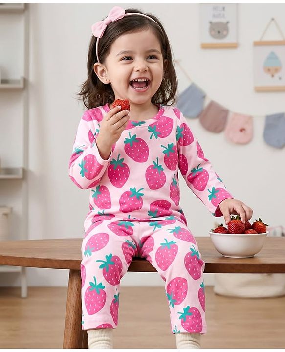 Babyhug Cotton Knit Full Sleeves T-Shirt & Pyjama Co-ord Night Suit With Strawberry Print - Pink