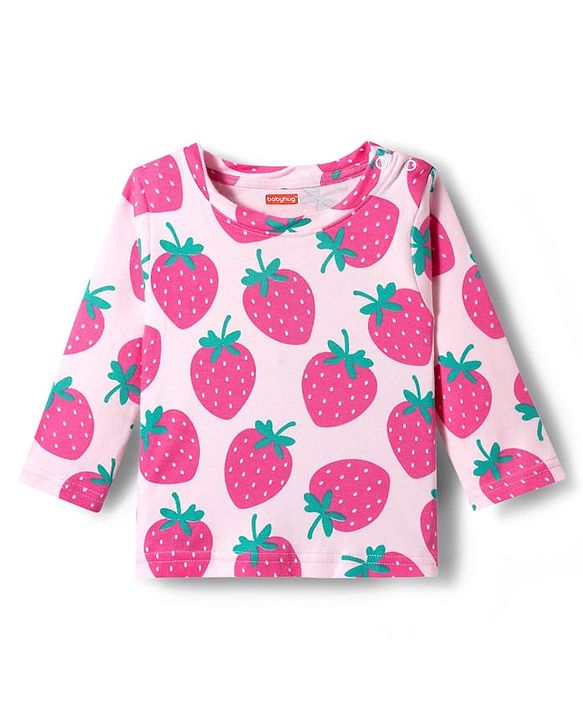 Babyhug Cotton Knit Full Sleeves T-Shirt & Pyjama Co-ord Night Suit With Strawberry Print - Pink