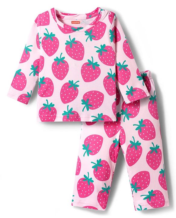 Babyhug Cotton Knit Full Sleeves T-Shirt & Pyjama Co-ord Night Suit With Strawberry Print - Pink