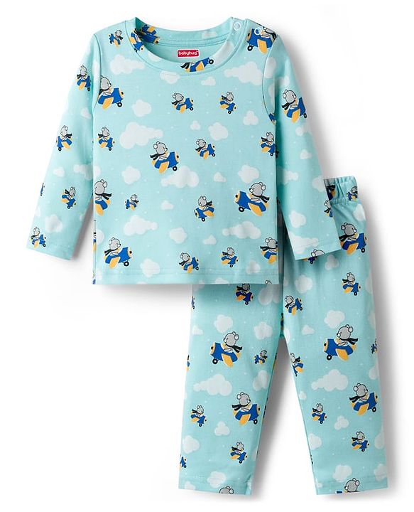 Babyhug Cotton Knit Full Sleeves T-Shirt & Pyjama Co-ord Night Suit With Teddy Bear Print - Aqua