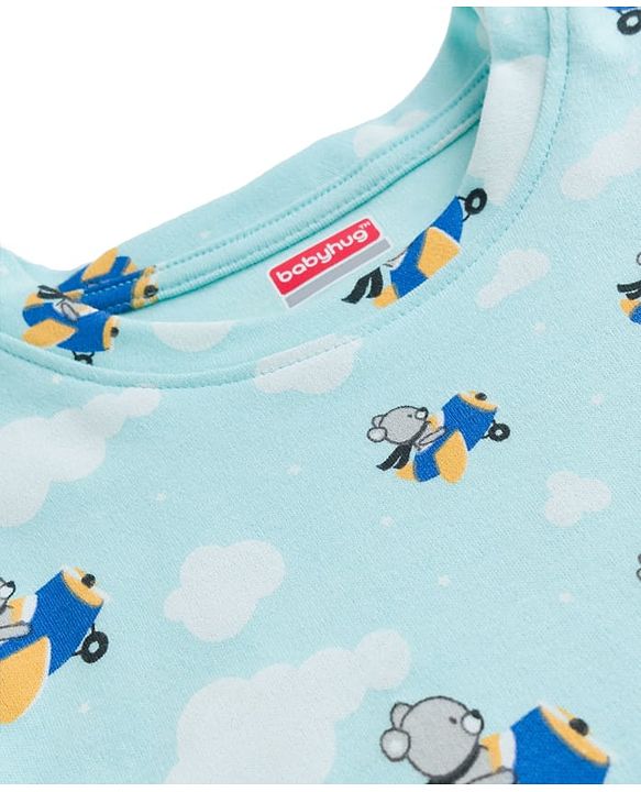 Babyhug Cotton Knit Full Sleeves T-Shirt & Pyjama Co-ord Night Suit With Teddy Bear Print - Aqua