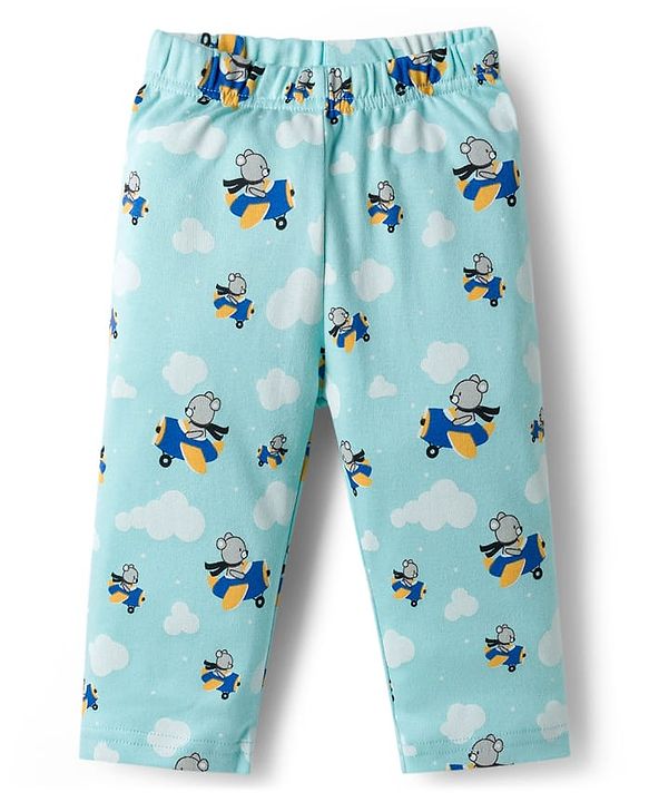 Babyhug Cotton Knit Full Sleeves T-Shirt & Pyjama Co-ord Night Suit With Teddy Bear Print - Aqua