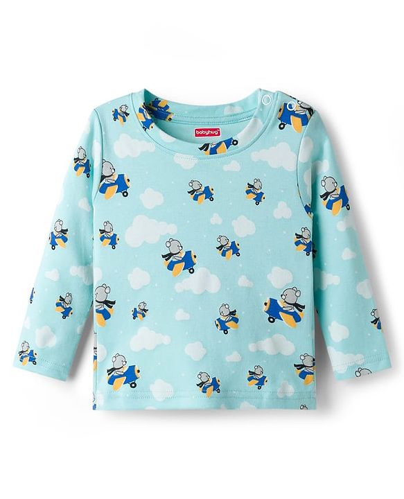 Babyhug Cotton Knit Full Sleeves T-Shirt & Pyjama Co-ord Night Suit With Teddy Bear Print - Aqua