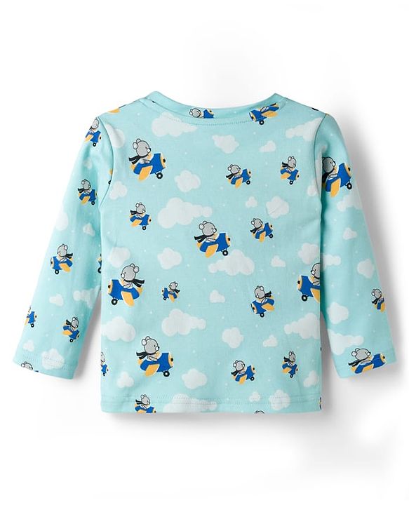 Babyhug Cotton Knit Full Sleeves T-Shirt & Pyjama Co-ord Night Suit With Teddy Bear Print - Aqua